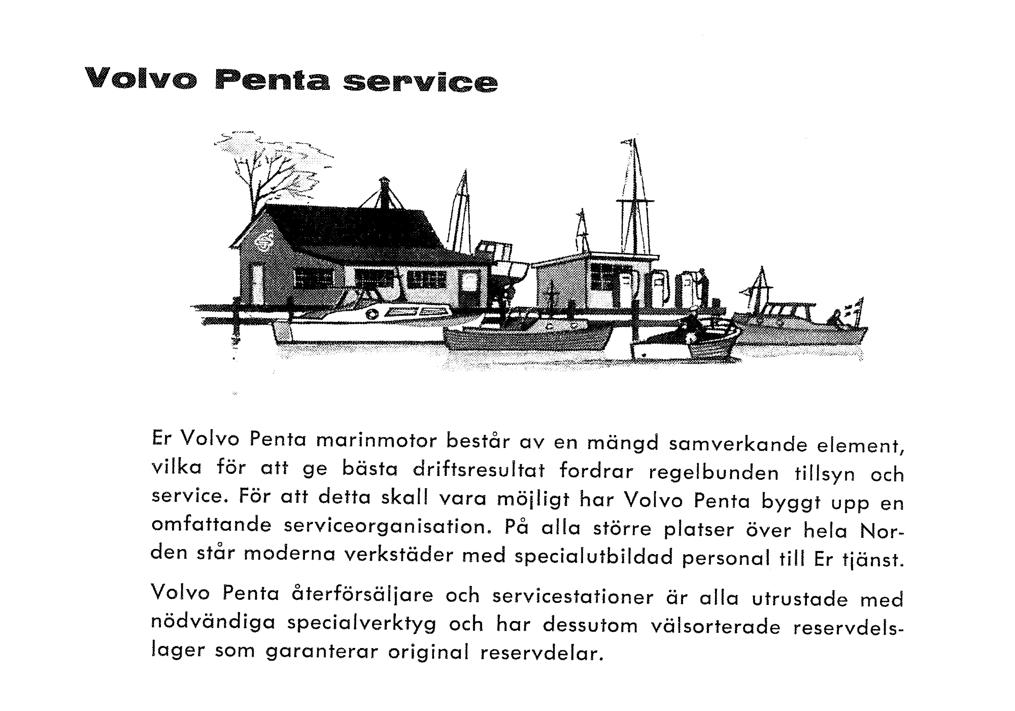 Volvo Penta service-illustration från 1964 — båtvarv med verkstad och bryggor